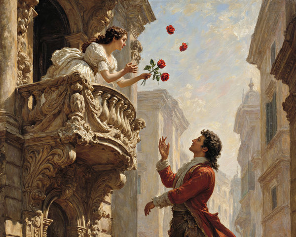 Romantic Scene of Woman in White Dress on Balcony