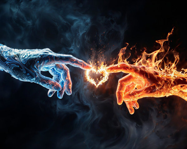 Hands of Ice and Fire with Heart-Shaped Spark