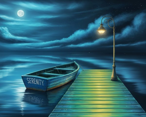 Tranquil Scene with Boat and Moonlit Dock