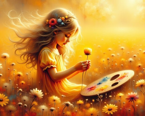 Young Girl in Yellow Dress Surrounded by Daisies