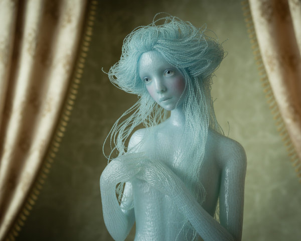 Translucent Ethereal Figure with Flowing Hair and Curtains