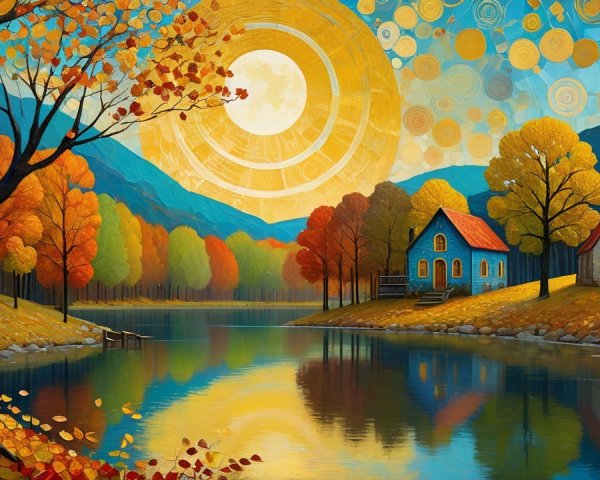 Autumn Landscape with Cottages and Serene Lake