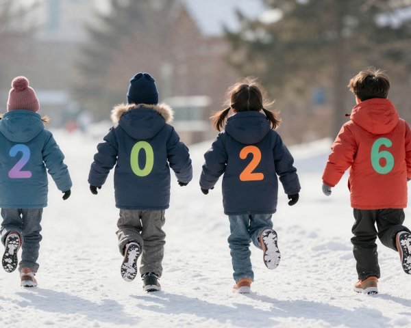 Children Running on Snowy Path in Colorful Jackets