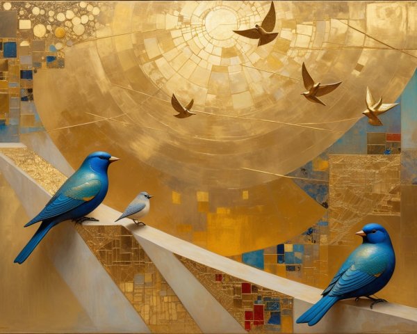 Vibrant Bluebirds on Geometric Platform with Golden Background