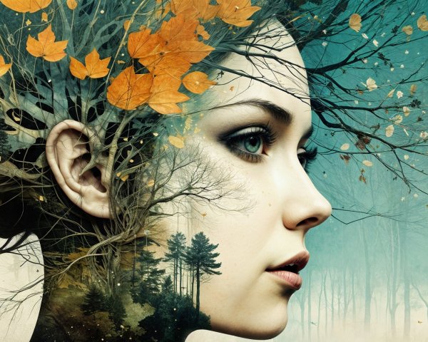 Surreal Portrait Blending Woman's Profile with Nature