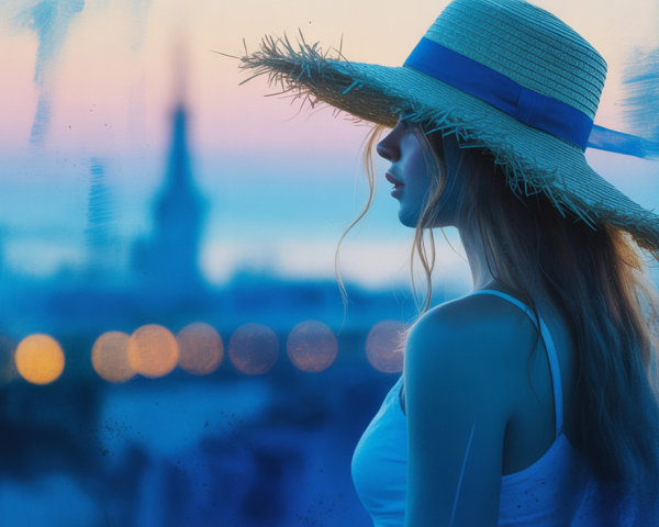 Silhouette of a Woman in Twilight with City Lights
