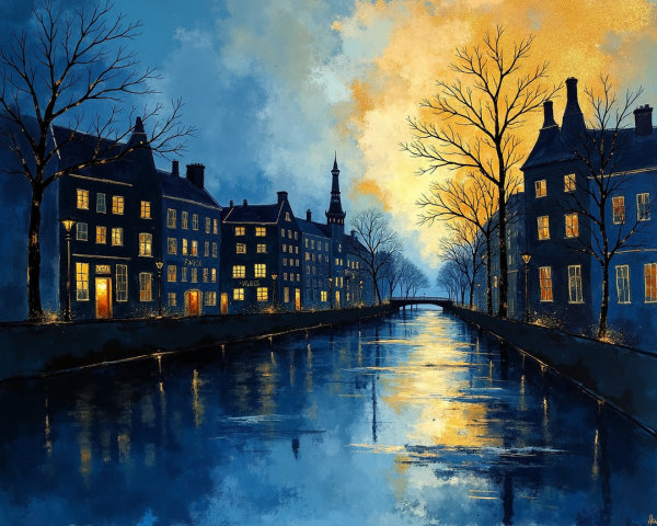 Twilight Canal Scene with Charming Buildings and Trees