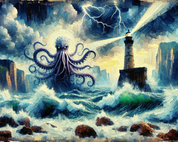 Colossal Octopus in Dramatic Seascape with Lighthouse