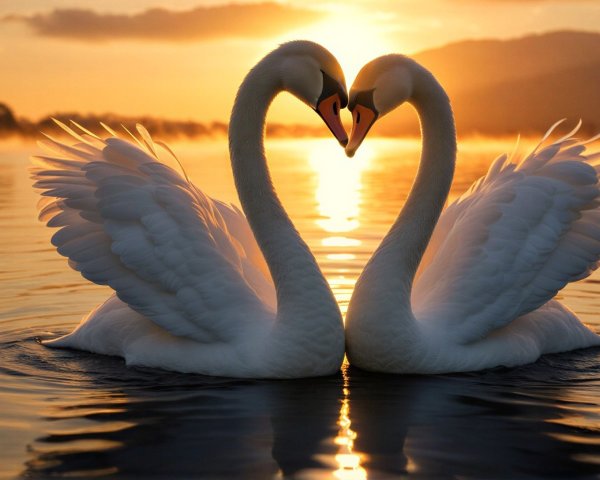 Swans Form Heart Shape on Serene Lake at Sunset