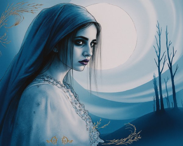 Serene Woman in White Robe with Moonlit Landscape