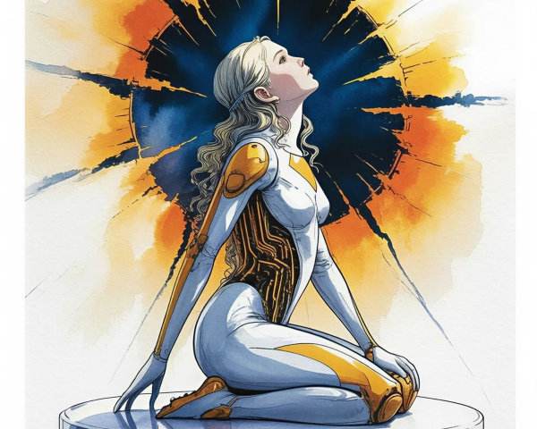 Futuristic humanoid figure on a sleek platform