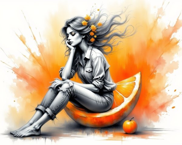Contemplative Woman on Vibrant Orange Slice Scene