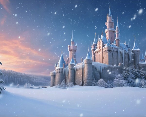 Castle in a Snowy Landscape at Twilight