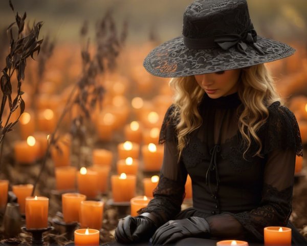 Woman in Black Dress Surrounded by Orange Candles