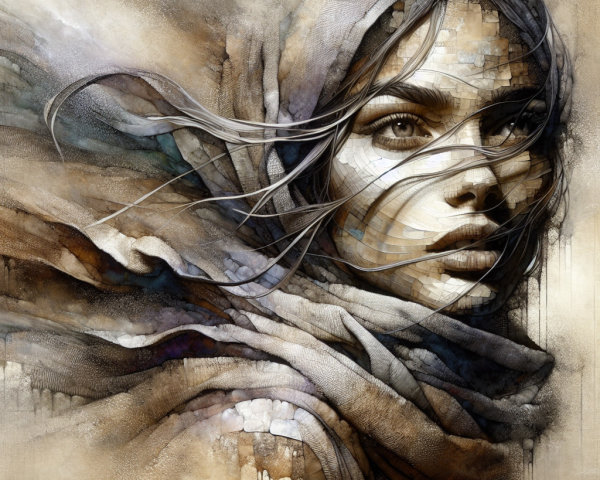 Portrait of a Young Woman with Flowing Hair and Scarf