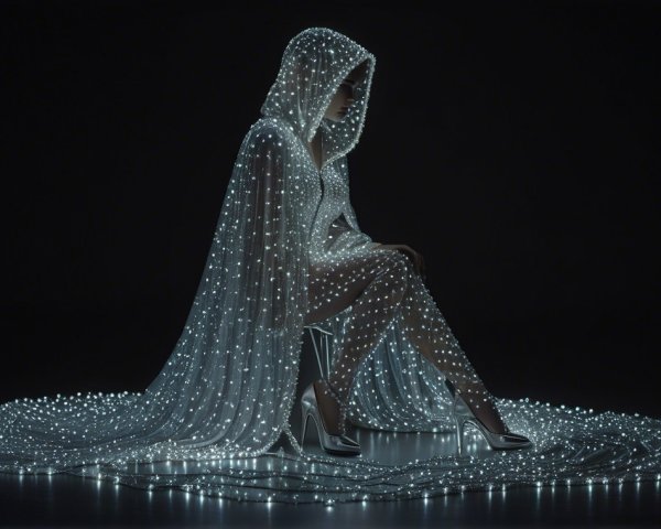 Ethereal Figure in Glowing Beaded Gown and Hood