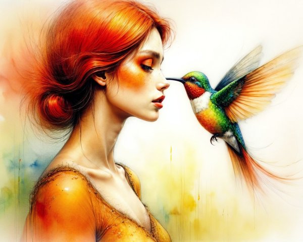 Ethereal Portrait of Woman with Hummingbird Interaction
