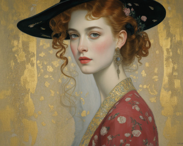 Young woman with red curls in floral attire and hat