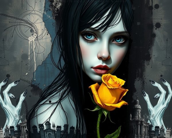 Ethereal Figure with Dark Hair and Yellow Rose