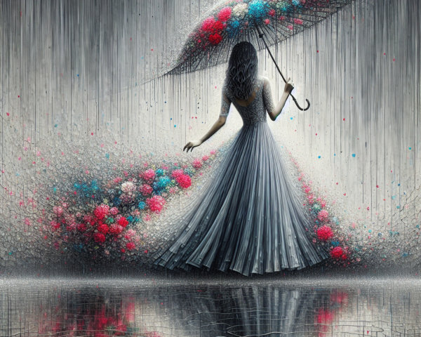 Graceful figure with umbrella in colorful rain scene