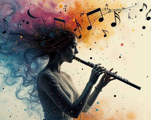 Silhouette of Woman Playing Flute with Colorful Background