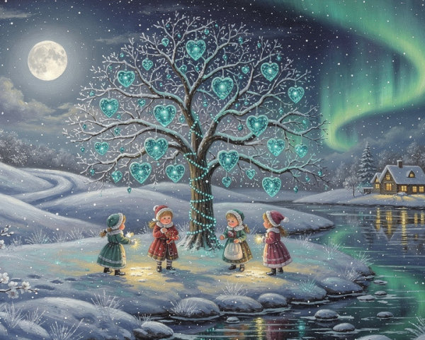 Winter Scene with Girls, Lanterns, and Aurora Borealis