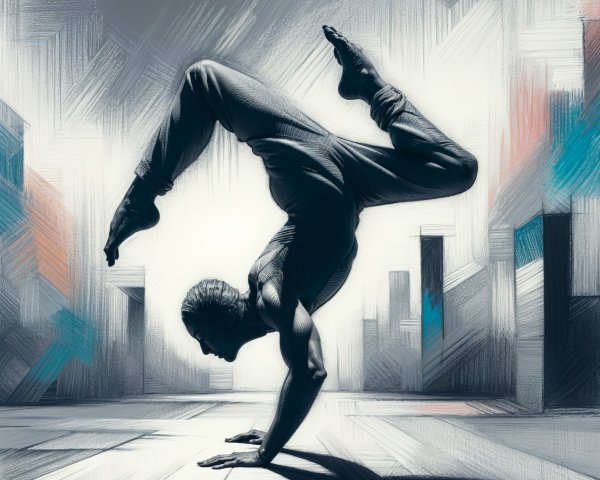 Muscular Dancer in Handstand Against Urban Background