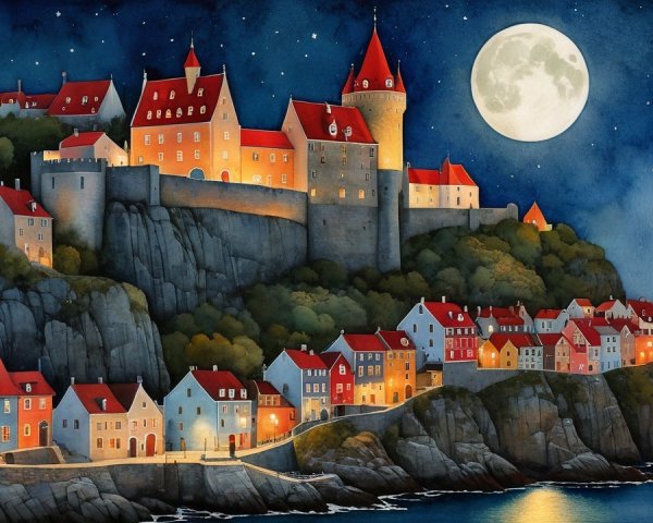 Picturesque village on a cliff with castle and moonlight
