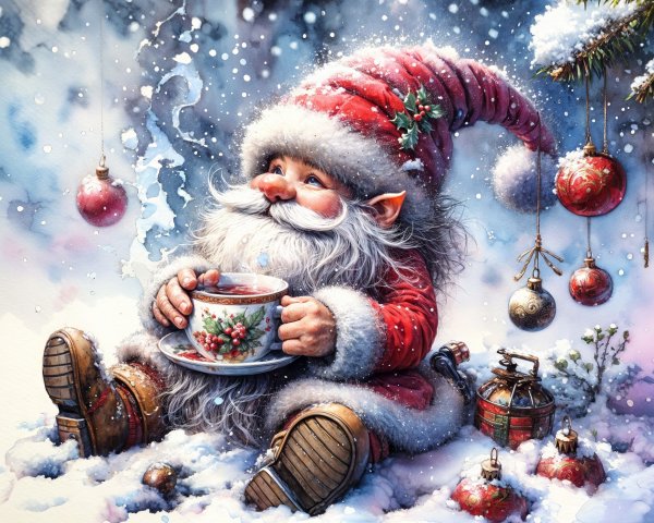 Whimsical Winter Scene with a Cheerful Gnome