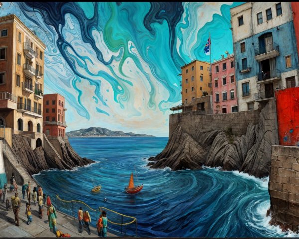 Vibrant Seaside Harbor with Colorful Buildings and Waves