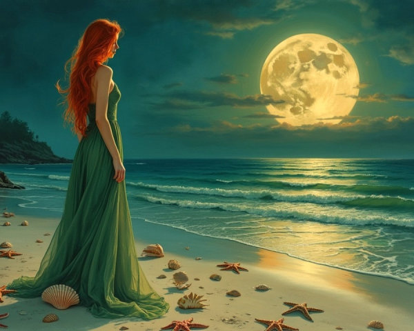 Serene Beach Scene with Full Moon and Woman in Green Dress