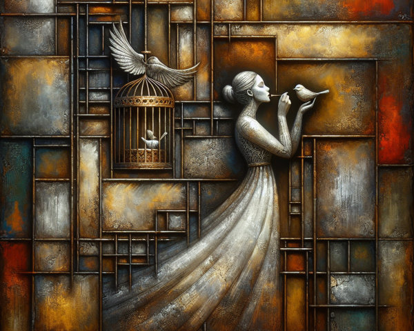 Stylized Woman with Bird in Geometric Background