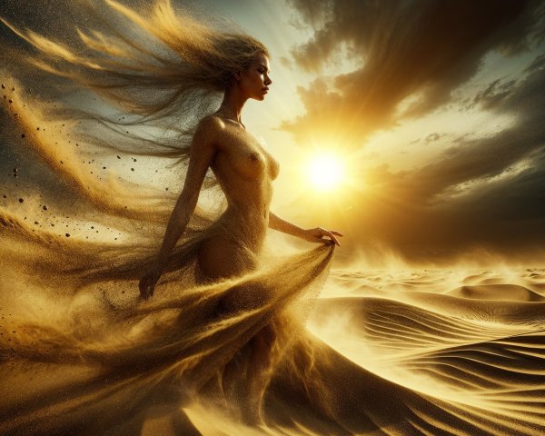 Ethereal Figure in Desert at Golden Sunset