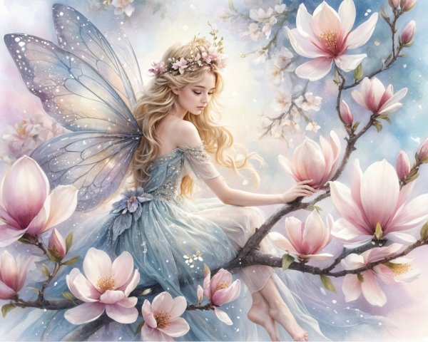 Fairy on Branch with Magnolia Blossoms and Pastel Sky