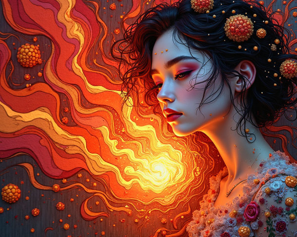 Young Woman with Elaborate Floral Hairstyle and Makeup