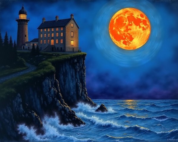 Lighthouse on Cliff with Ocean Waves and Moonlight
