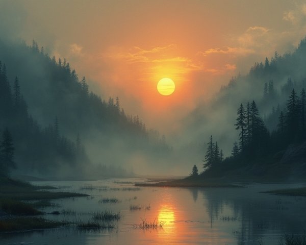 Serene Dawn Landscape with River and Misty Mountains