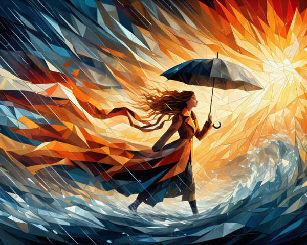 Geometric Illustration of a Figure in a Wave Scene