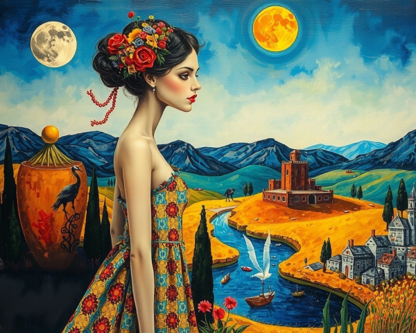 Young Woman in Floral Dress in Enchanting Landscape