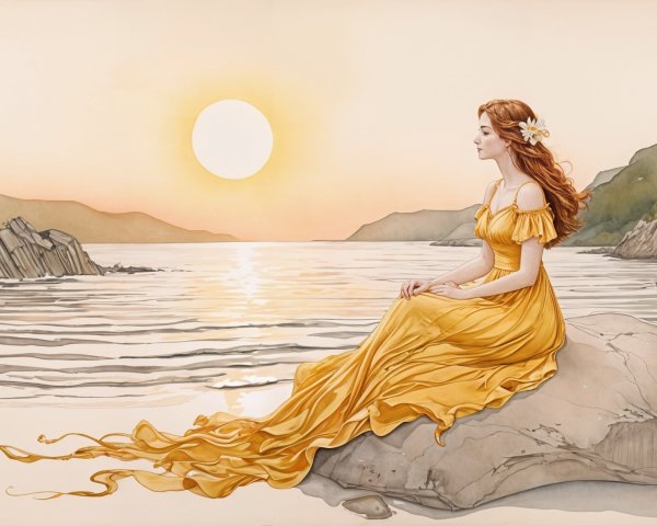 Young Woman in Yellow Gown by Serene Seaside Sunset