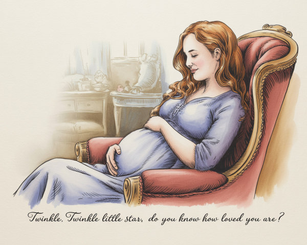 Pregnant Woman in Elegant Armchair with Loving Quote