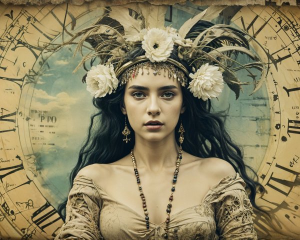 Woman in Vintage Clocks with Elegant Attire and Jewelry