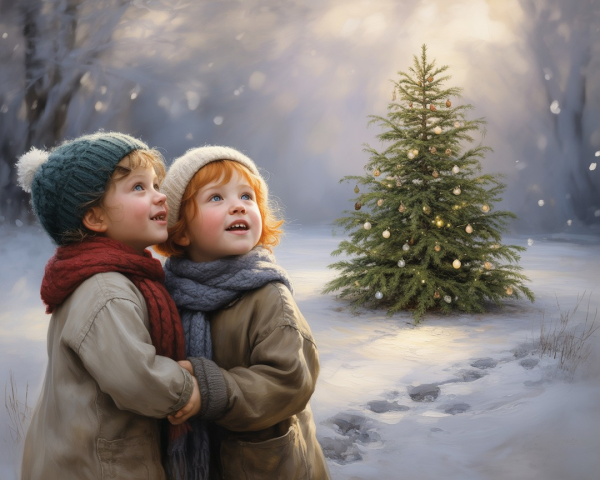 Cheerful Children Admire Christmas Tree in Snowy Scene