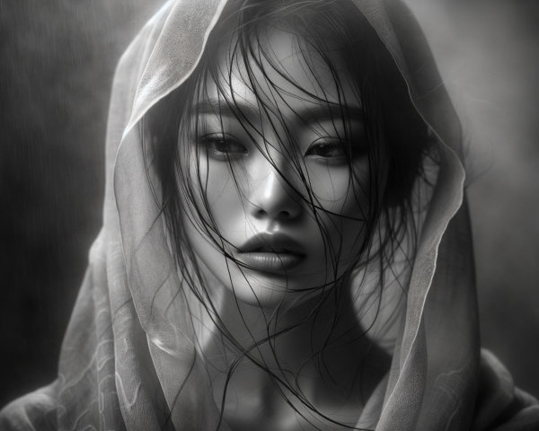 Close-Up Portrait of a Woman in Translucent Veil