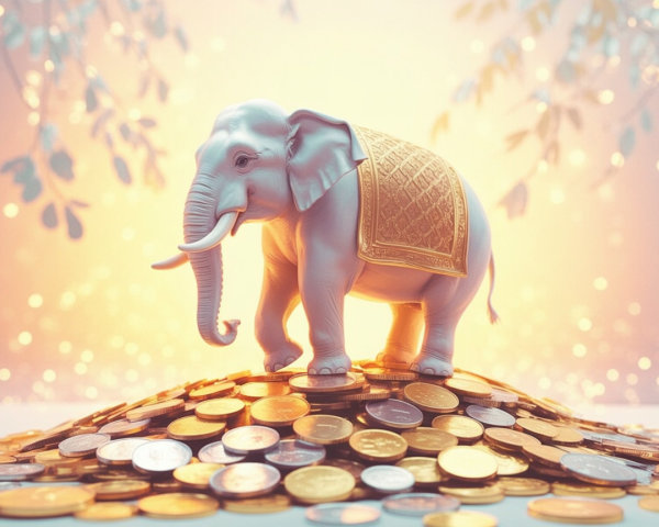 Porcelain Elephant on Gold and Silver Coins Display