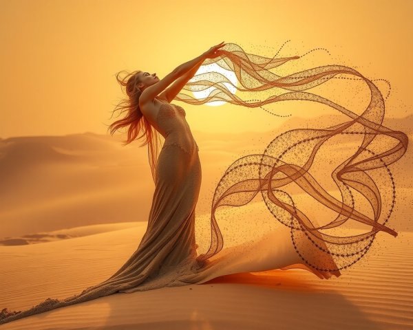 Desert Sunset with Flowing Gown and Ethereal Movement