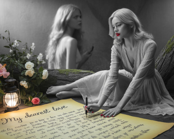 Woman in White Dress Writing a Letter Among Flowers
