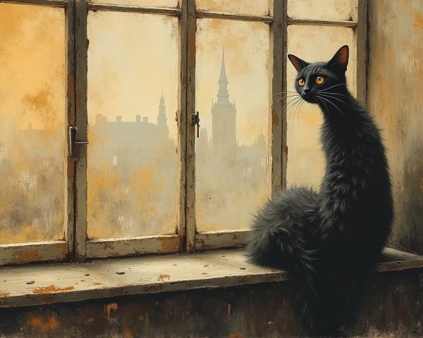 Black Cat Gazing from Weathered Window at Sunset
