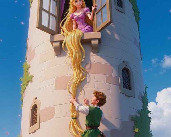 Young woman in pink dress leans from stone tower