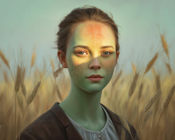Young Woman in Golden Wheat Fields with Green Tones